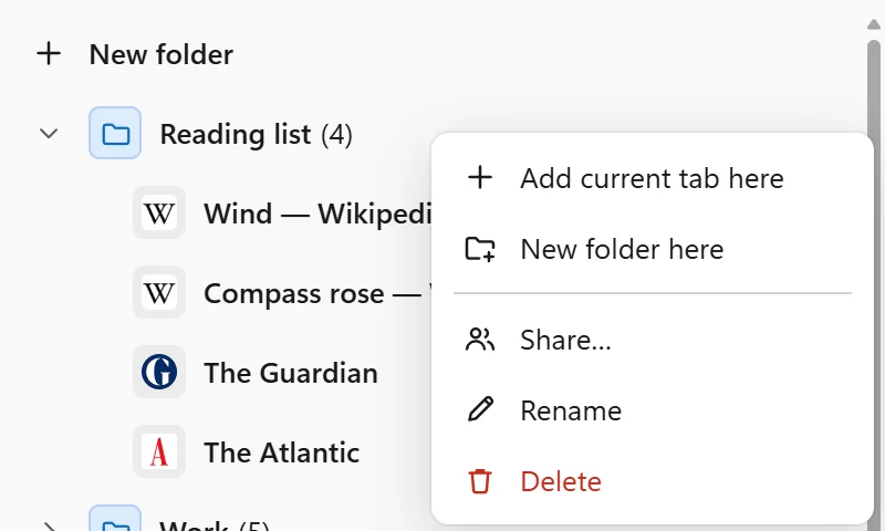 The menu of a folder, with “Add current tab here”