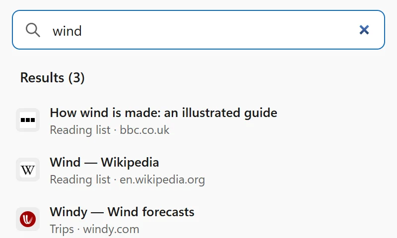 Searching for “wind”: three results, each with its folder