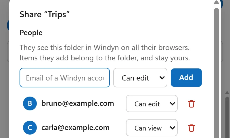 Sharing a folder: people who can edit it, invitation links and a public link