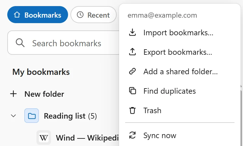 The account menu: import, export, duplicates, trash and sync